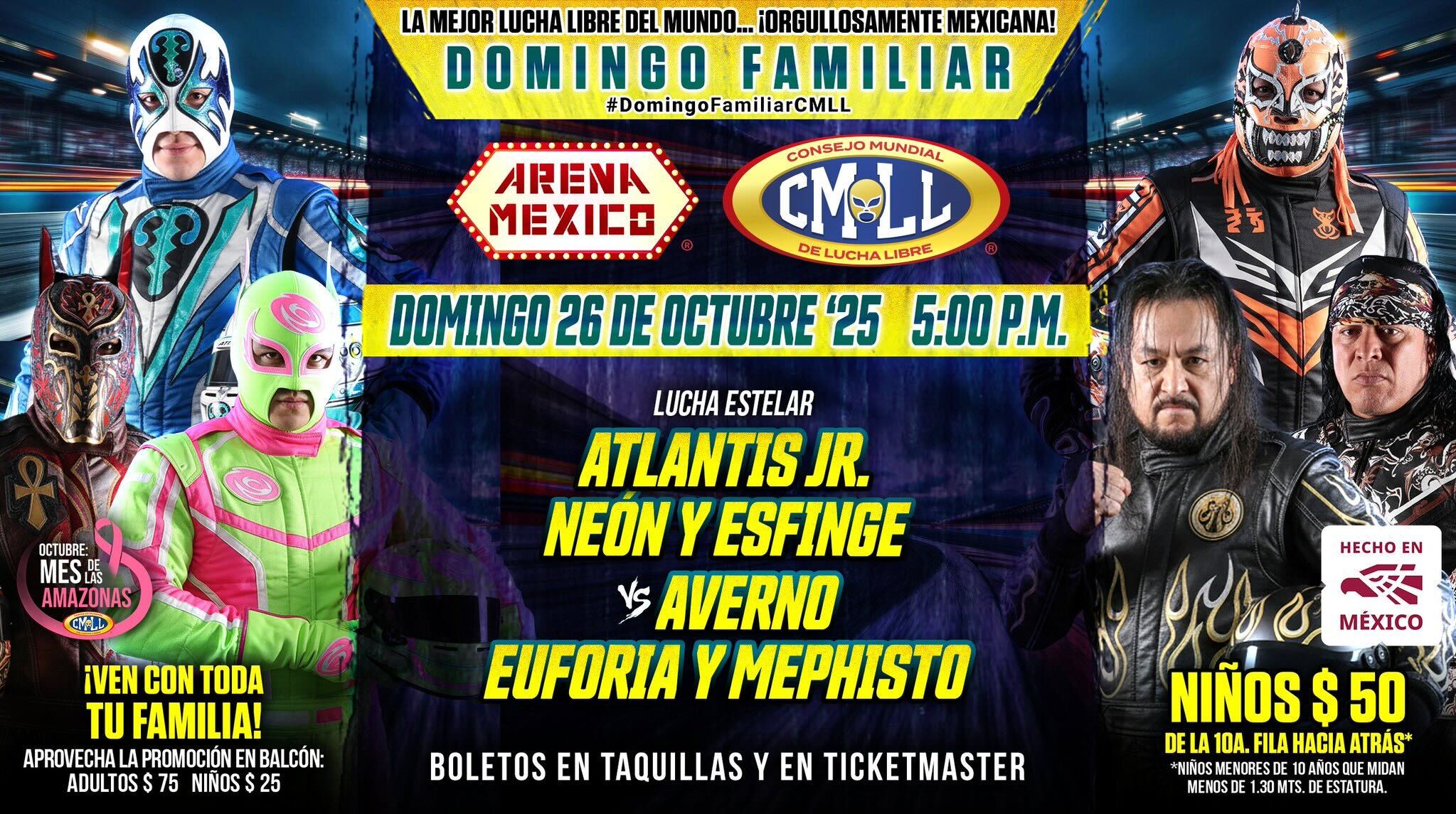 CMLL Domingo Familiar Results (10/26/2025): Atlantis Jr., Neón & Esfinge vs. Infernales, FWC, Depredadores, More