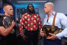 Cody Rhodes, Ricky Saints, Oba Femi backstage on SmackDown, Cody says winner of their match will face him on Saturday Night's Main Event