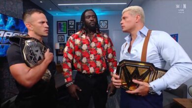 Cody Rhodes, Ricky Saints, Oba Femi backstage on SmackDown, Cody says winner of their match will face him on Saturday Night's Main Event