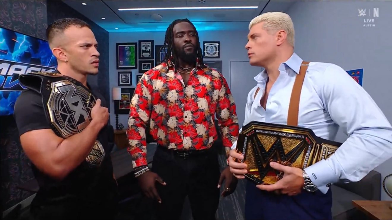 Cody Rhodes, Ricky Saints, Oba Femi backstage on SmackDown, Cody says winner of their match will face him on Saturday Night's Main Event