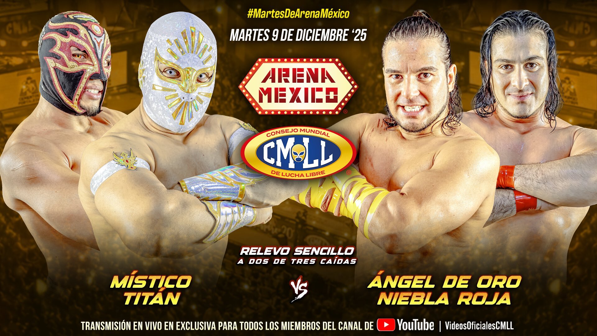 CMLL Martes de Arena Mexico Results (12/9/2025): Místico & Titán vs. Hermanos Chávez, Máscara Dorada vs. Bárbaro Cavernario, More