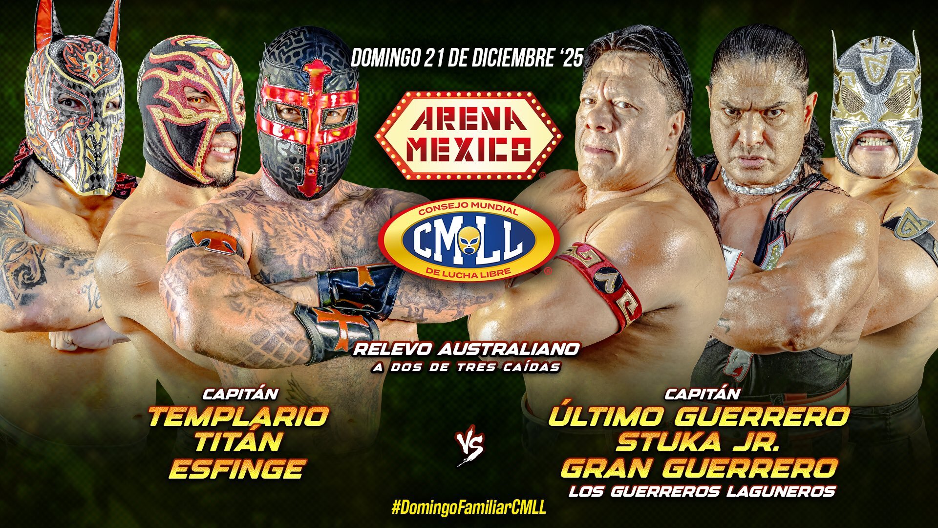 CMLL Domingo Familiar Results (12/21/2025): Titán, Esfinge & Templario vs. Guerreros Laguneros, Bárbaro Cavernario vs. Blue Panther, More