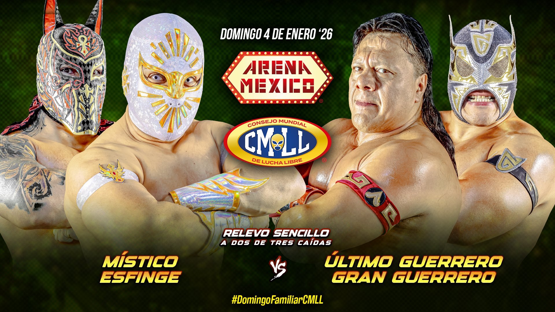 CMLL Domingo Familiar Results (1/4/2026): Místico & Esfinge vs. Guerreros Laguneros, More