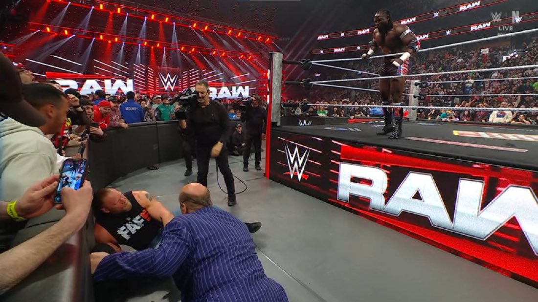 Oba Femi Evades F5 From Brock Lesnar, Clotheslines Him Over The Top Rope On WWE Raw