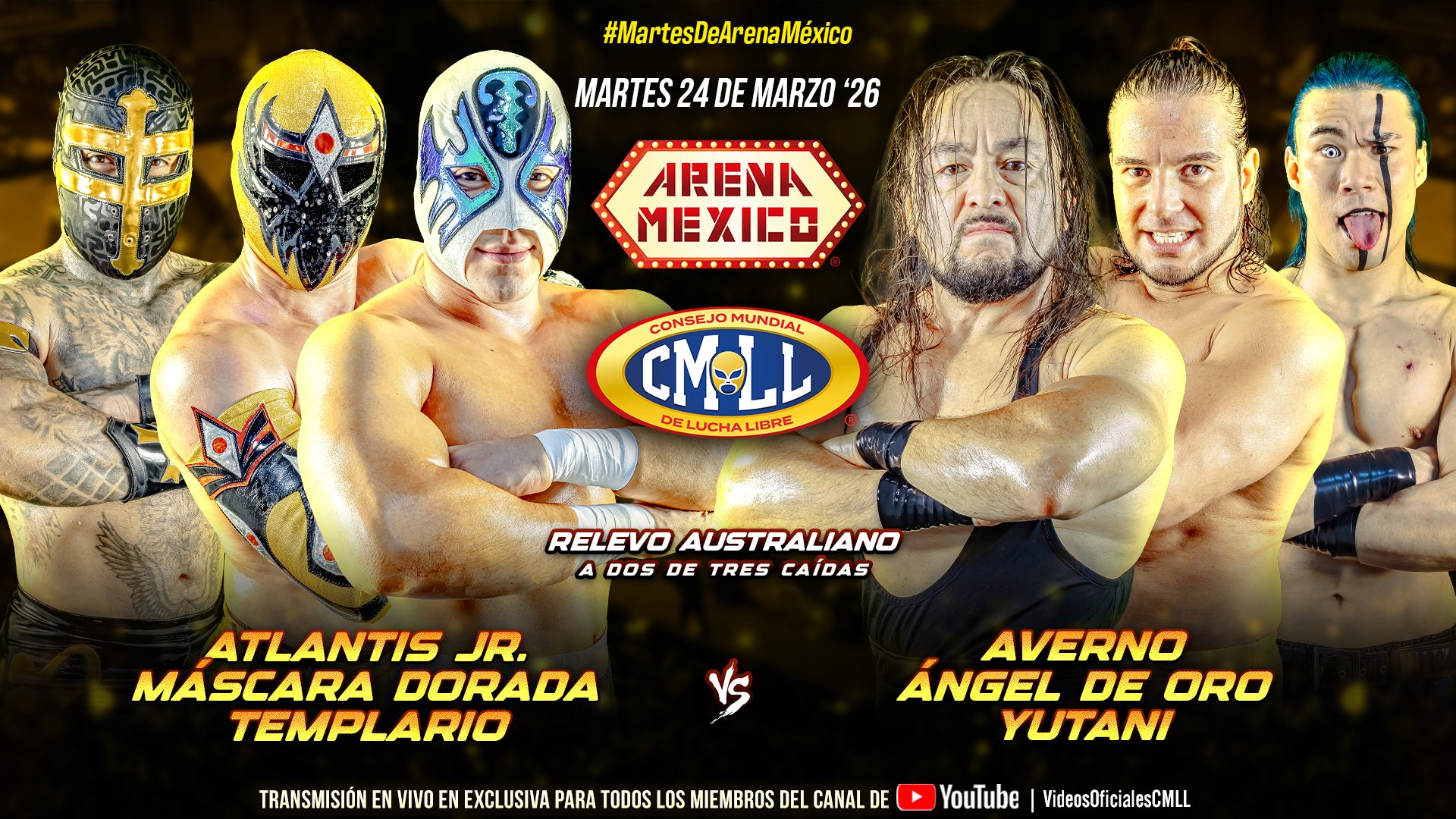 CMLL Martes de Arena Mexico Results (3/24/2026): Atlantis Jr., Máscara Dorada & Templario vs. Averno, Ángel de Oro & Yutani, More
