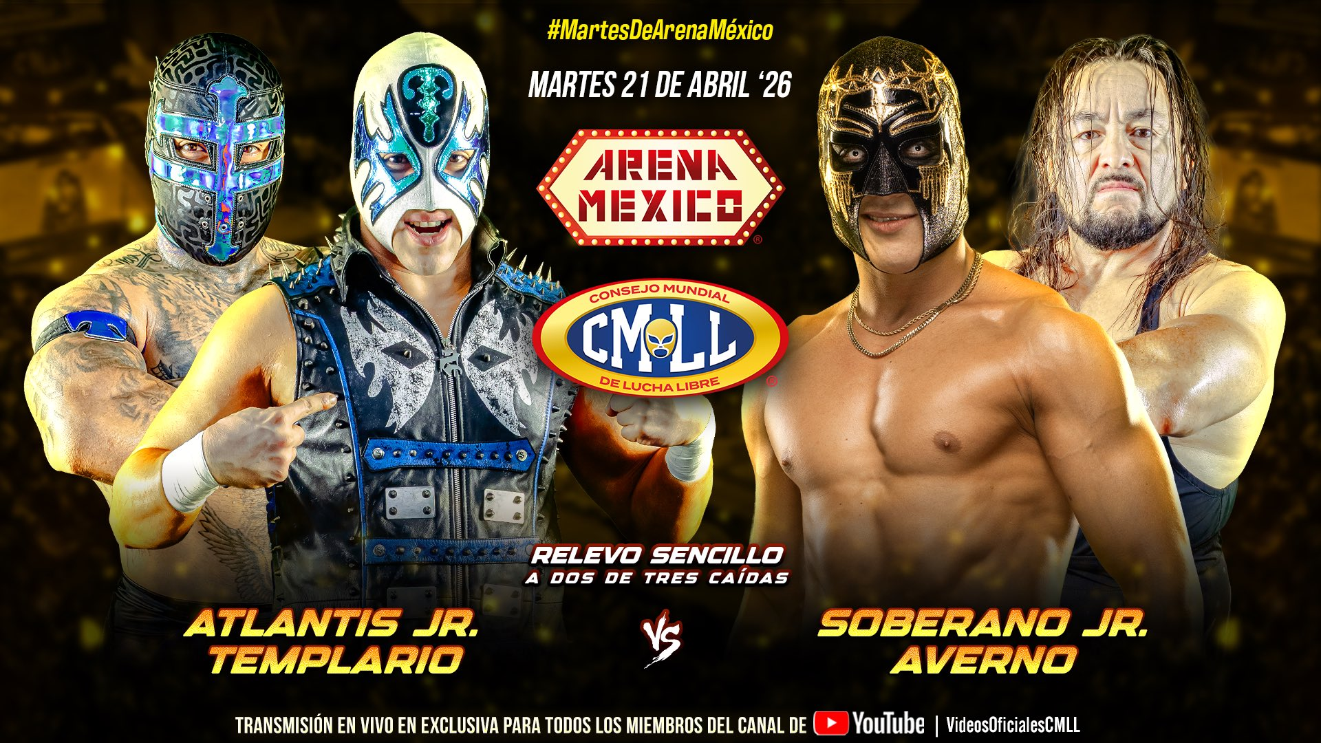 CMLL Martes de Arena Mexico Results (4/21/2026): Atlantis Jr. & Templario vs. Soberano Jr. & Averno, More