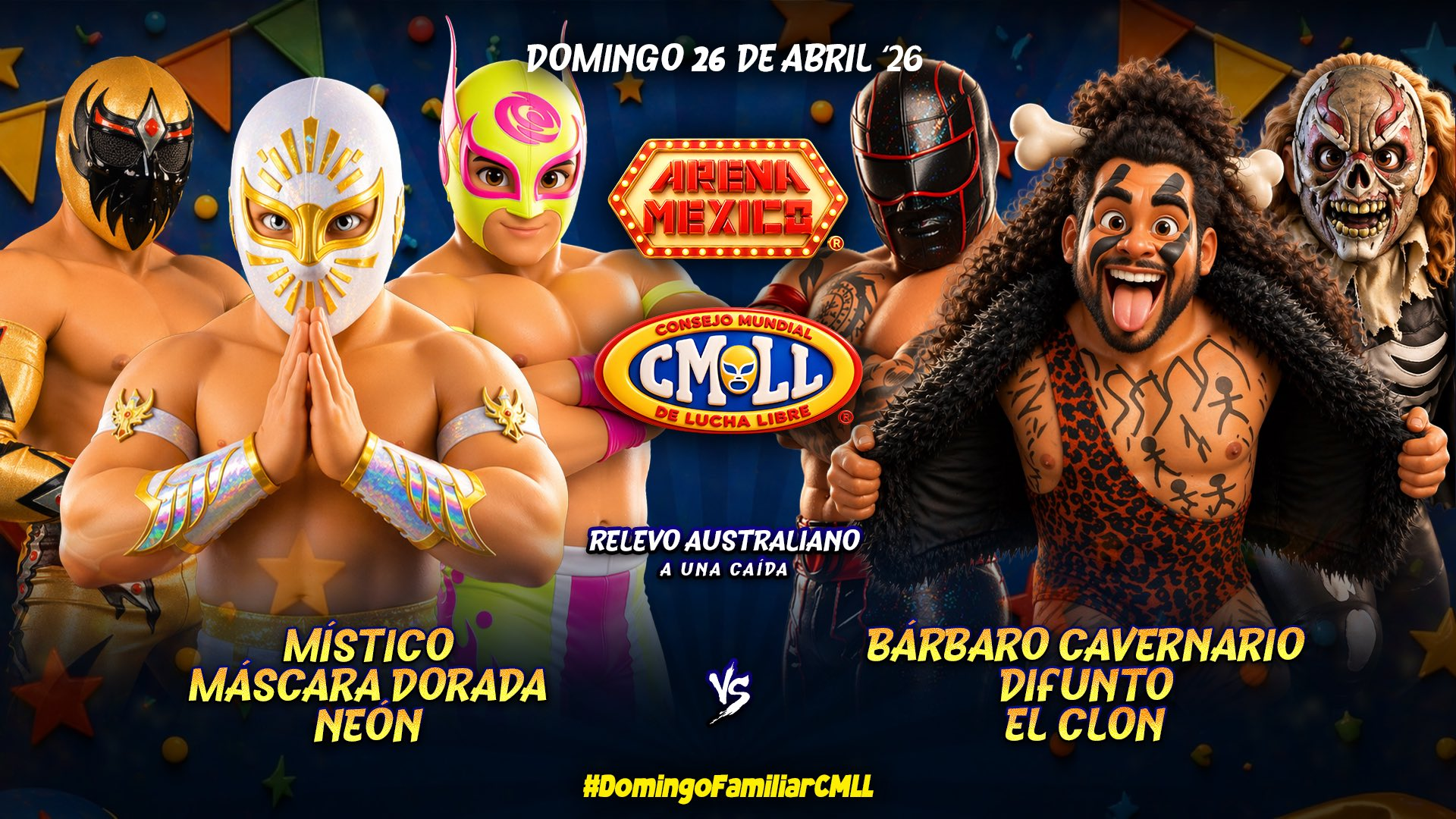 CMLL Domingo Familiar Results (4/26/2026): Sky Team vs. Bárbaro Cavernario, Difunto & El Clon, More
