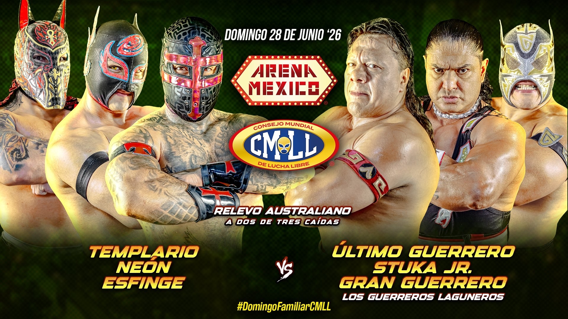 CMLL Domingo Familiar Results (6/21/2026): Esfinge, Neón & Templario vs. Guerreros Laguneros, Galeón Fantasma vs. Infernales, More