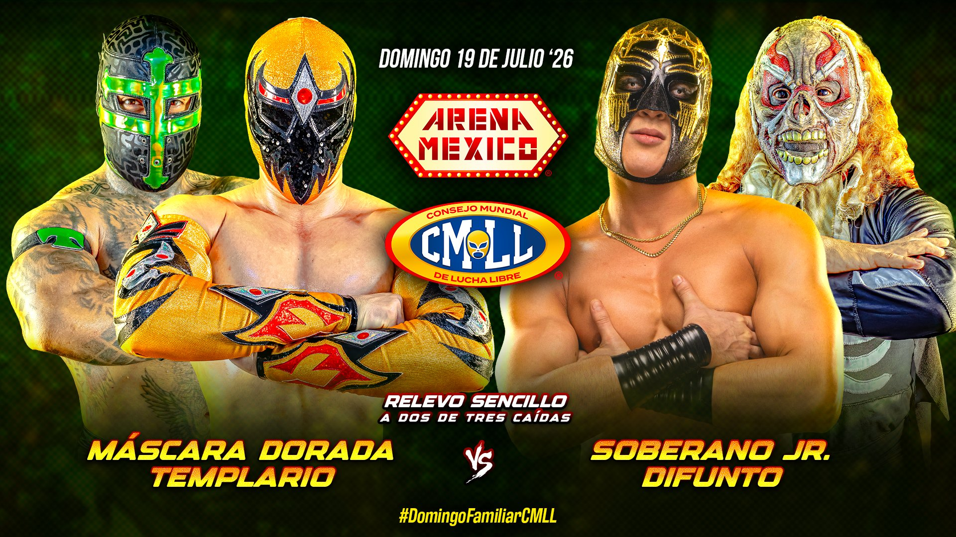 CMLL Domingo Familiar Results (7/19/2026): Máscara Dorada & Templario vs. Soberano Jr. & Difunto, Titán vs. Neón, More
