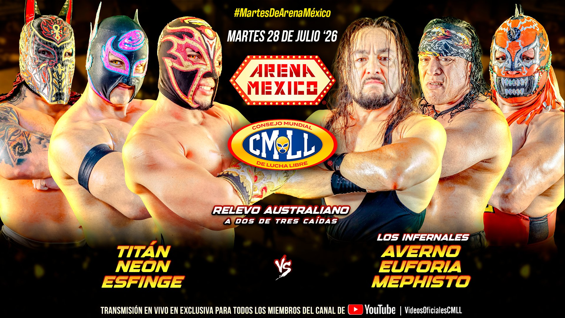 CMLL Martes de Arena Mexico Results (7/28/2026): Titán, Neón & Esfinge vs. Infernales, More